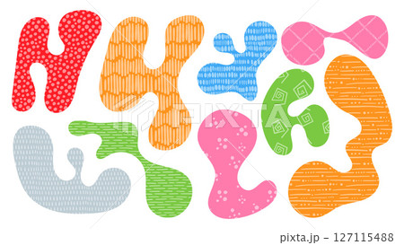 Colorful organic shapes create a playful composition with irregular blobs and patterns 127115488