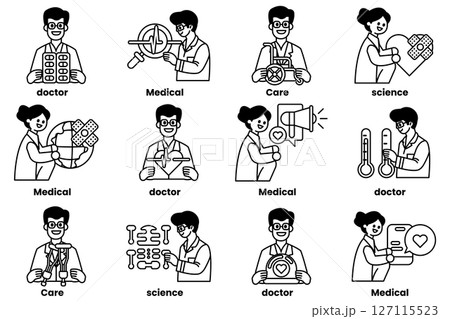 A series of black and white drawings of people in medical professions A series of black and white drawings of people in medical professions 127115523