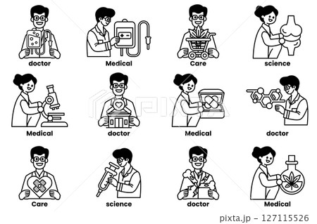 A set of twelve images of people in white with the words doctor, medical 127115526