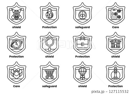A set of 12 shields with various symbols and words on them 127115532