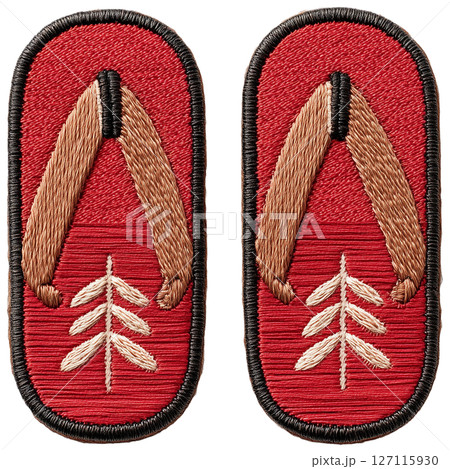 葉模様入りの赤い草履刺繍ワッペンペア 127115930