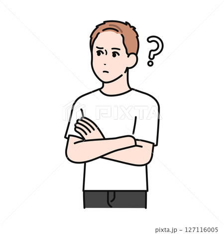 考え事をするTシャツを着た若い男性のイラスト素材 127116005