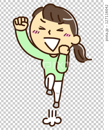 A woman jumping in joy while making a fist pump 127116042
