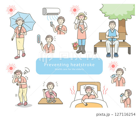 熱中症対策をする高齢者のシンプルな線画イラストセット 127116254