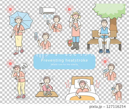老年人預防中暑的簡單線條畫插圖集 127116254