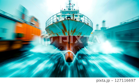 A large boat in the middle of a large body of water 127116697