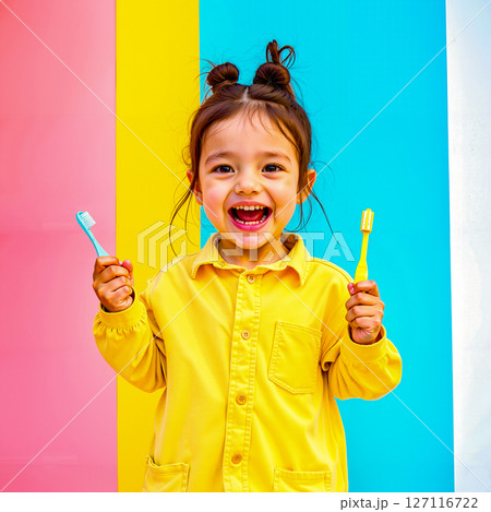 A little girl holding two toothbrushes in her hands A little girl holding two toothbrushes in her hands 127116722