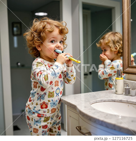 A little girl brushing her teeth in front of a mirror A little girl brushing her teeth in front of a mirror 127116725