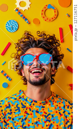 A man with curly hair wearing a yellow shirt and red sunglasses 127116751