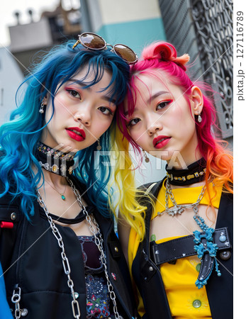 Two young women with colorful hair standing next to each other 127116789