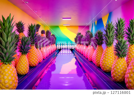 A bowling alley filled with lots of pineapples next to a bowling ball A bowling alley filled with lots of pineapples next to a bowling ball 127116801