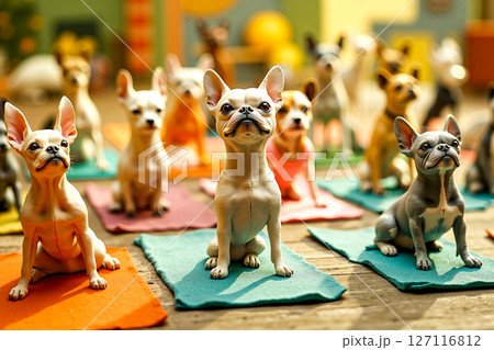 A group of small figurines of dogs sitting on yoga mats A group of small figurines of dogs sitting on yoga mats 127116812