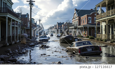 A flooded street with cars parked on the side of the road 127116817
