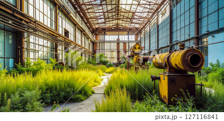 A large industrial building with a yellow fire hydrant in the middle of it 127116841