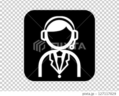 電話対応コールセンタースタッフのシンプルな四角いモノクロ白抜きイラストアイコン 127117029