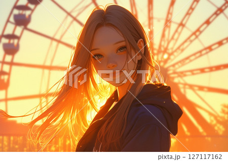 夕方の遊園地にいる女性 127117162