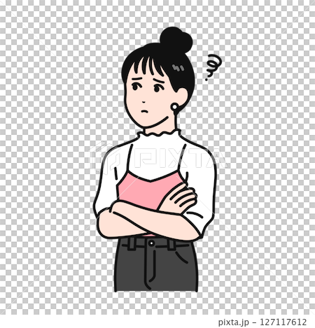 一位梳著髮髻、雙臂交叉、憂心忡忡的年輕女子的插畫素材 127117612