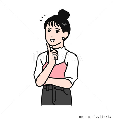 問題が解決して喜ぶお団子ヘアの若い女性のイラスト素材 127117613