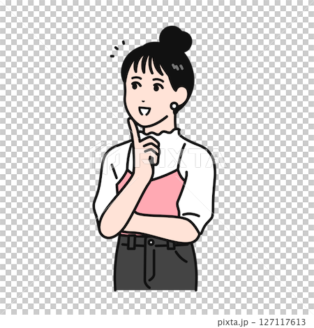 插畫素材：一位梳著髮髻的年輕女子因問題解決而感到高興 127117613
