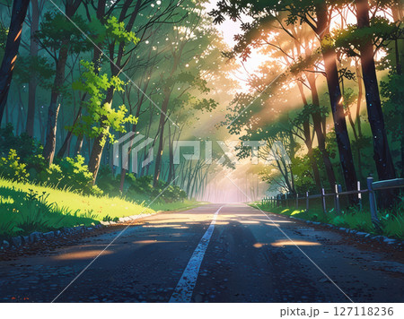 Anime style of urban road with tree and sunlight in the morning Anime style of urban road with tree and sunlight in the morning 127118236