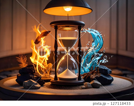 Surreal artistic representation of an hourglass with elements of fire and water, symbolizing duality and balance. Surreal artistic representation of an hourglass with elements of fire and water, symbolizing duality and balance. 127118433