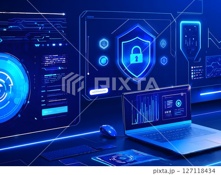 Futuristic visualization of secure technology infrastructure featuring illuminated data servers and a glowing security lock symbol in a modern data center. Cyber Security Background Futuristic visualization of secure technology infrastructure featuring illuminated data servers and a glowing security lock symbol in a modern data center. Cyber Security Background 127118434