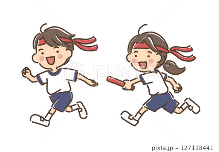 リレーでバトンパスしようとしている男の子と女の子 リレーでバトンパスしようとしている男の子と女の子 127118441