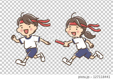 リレーでバトンパスしようとしている男の子と女の子 リレーでバトンパスしようとしている男の子と女の子 127118441