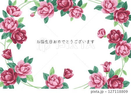 水彩タッチで描いたピンクの薔薇のリースの誕生日カード 水彩タッチで描いたピンクの薔薇のリースの誕生日カード 127118809