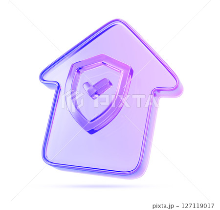Holographic glass morphism house with safety shield render icon. Concept of home insurance, security system, property protection. Gradient building logo with purple gradient texture. 3D illustration Holographic glass morphism house with safety shield render icon. Concept of home insurance, security system, property protection. Gradient building logo with purple gradient texture. 3D illustration 127119017