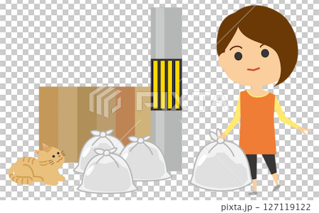 Illustration of a woman throwing garbage into a garbage dump 127119122