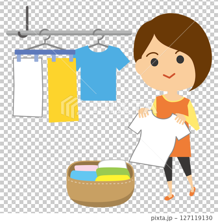 Illustration of a woman hanging out the laundry Illustration of a woman hanging out the laundry 127119130