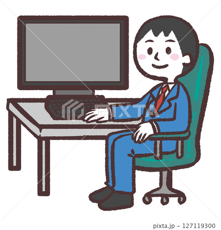 パソコンの前でこちらを向く男性のイラスト 127119300