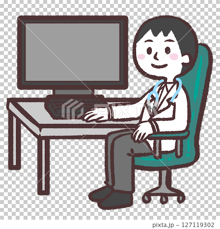 一位男醫師坐在電腦前的插圖 一位男醫師坐在電腦前的插圖 127119302