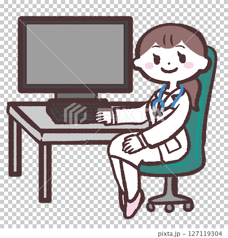 一位女醫生坐在電腦前的插圖 一位女醫生坐在電腦前的插圖 127119304