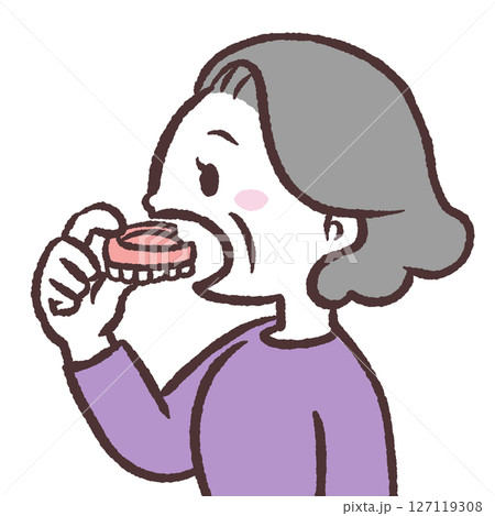 入れ歯を装着するシニア女性横向きのイラスト 127119308