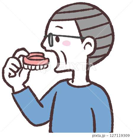 入れ歯を装着するメガネのシニア男性の横向きイラスト 入れ歯を装着するメガネのシニア男性の横向きイラスト 127119309