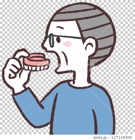 入れ歯を装着するメガネのシニア男性の横向きイラスト 入れ歯を装着するメガネのシニア男性の横向きイラスト 127119309