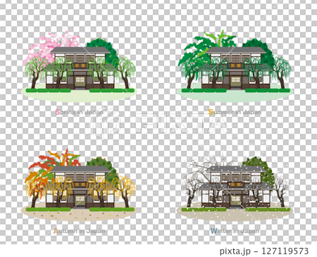 日本城市景觀的插圖。日本的四季。 127119573