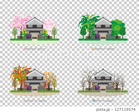 Illustration of Japanese townscape. Four seasons in Japan. 127119574