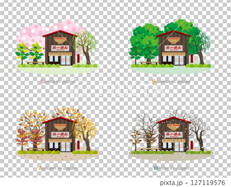 日本城市景觀的插圖。日本的四季。 日本城市景觀的插圖。日本的四季。 127119576