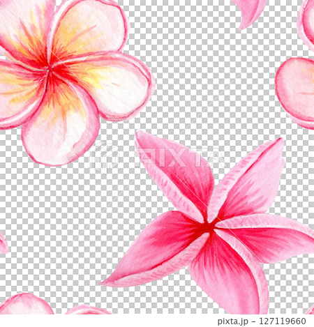 Pink plumeria flowers seamless pattern on white. Hand painted watercolor. Ideal for spa branding, tropical packaging, summer wedding decor, textile design, greeting cards, botanical illustrations Pink plumeria flowers seamless pattern on white. Hand painted watercolor. Ideal for spa branding, tropical packaging, summer wedding decor, textile design, greeting cards, botanical illustrations 127119660