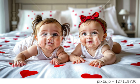 Two little girls laying on a bed with hearts on the bed 127119730