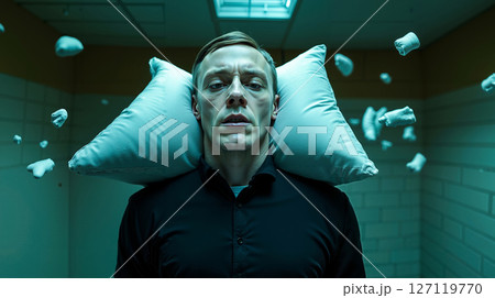 A man with a pillow on his head in a room 127119770