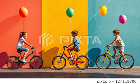 Three children riding bikes with balloons in the air 127119800