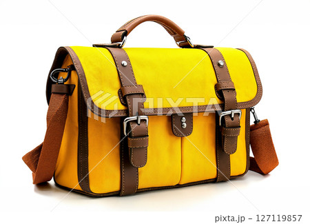 A yellow and brown bag with two straps on it A yellow and brown bag with two straps on it 127119857