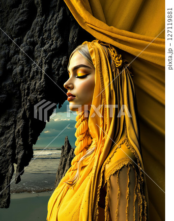 A woman in a yellow dress standing in front of a rock formation 127119881