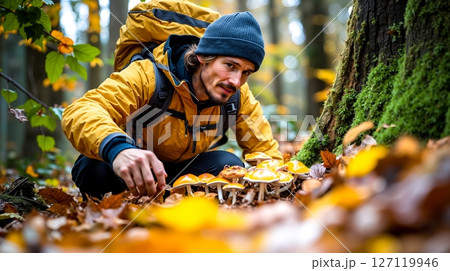 A man in a yellow jacket crouches down to pick up mushrooms in the woods A man in a yellow jacket crouches down to pick up mushrooms in the woods 127119946