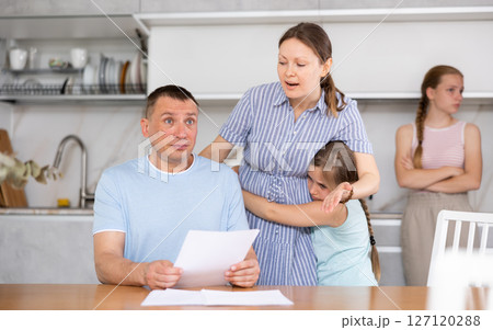 Man reads studies financial document and wife scolds him for signing unreasonable contract with bank Man reads studies financial document and wife scolds him for signing unreasonable contract with bank 127120288