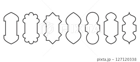 Ramadan frame shapes. Window Arabic arc outline elements. Door design with Turkish ornament. Muslim oriental sticker template. Traditional decoration set for banner and badge. 127120338